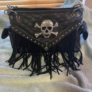 Pirate Skull Leather Purse with Fringe
